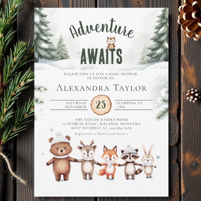 Adventure Awaits Cute Woodland Winter Baby Shower Invitation (winter baby shower invitation adventure awaits woodland animals cute watercolor forest snow cold)