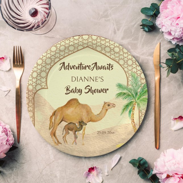 Adventure awaits desert baby camel baby shower  paper plate (Adventure awaits Arabian desert baby camel baby shower monogram personalized printed paper plates)