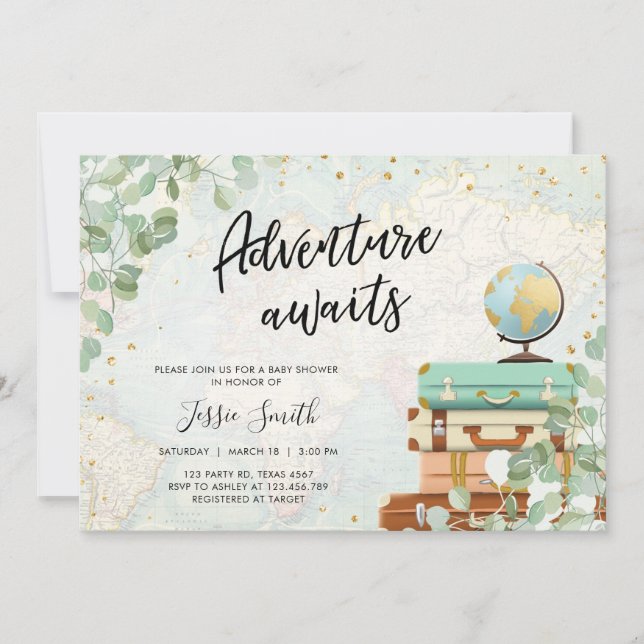 Adventure Awaits Eucalyptus Greenery Baby Shower Invitation (Front)
