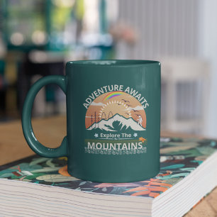 "Adventure Awaits-Explore the mountains" design Two-Tone Coffee Mug