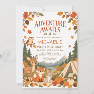 Adventure Awaits Fall Woodland Camping Birthday Invitation
