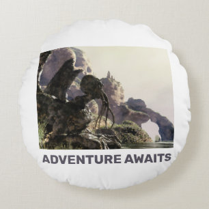 Adventure Awaits. Fantasy landscape Round Cushion