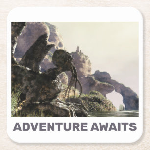 Adventure Awaits. Fantasy landscape Square Paper Coaster