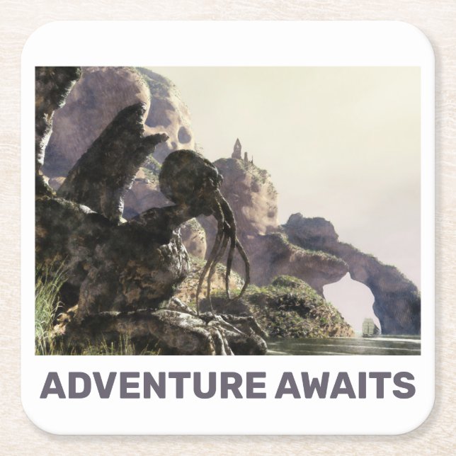 Adventure Awaits. Fantasy landscape Square Paper Coaster (Front)