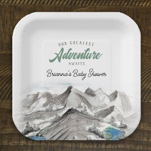 Adventure Awaits Forest Baby Shower Mountains Paper Plate