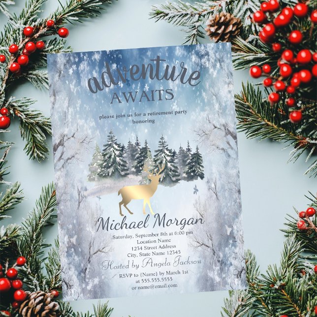 Adventure Awaits Forest Gold Deer Blue Retirement Invitation (Creator Uploaded)