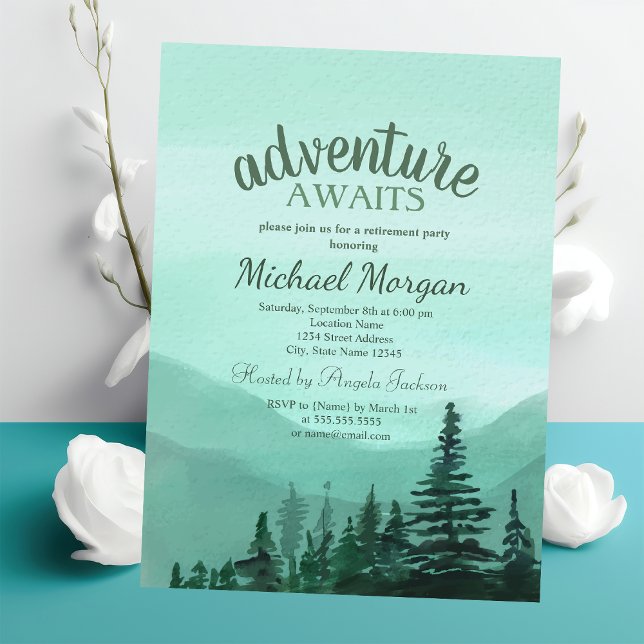 Adventure Awaits Forest Mountains Green Retirement Invitation (Creator Uploaded)