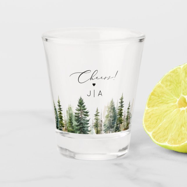 Adventure awaits forest pine trees wedding shot glass (Front)