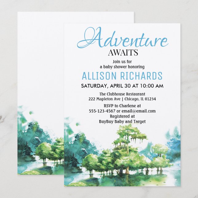 Adventure awaits forest water baby shower invitation (Front/Back)
