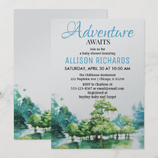 Adventure awaits forest water baby shower invitation