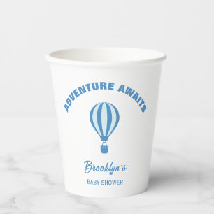 Adventure Awaits Fun Trendy Baby Shower Blue White Paper Cups