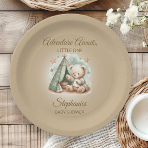 Adventure Awaits Gender Neutral Bear Baby Paper Plate