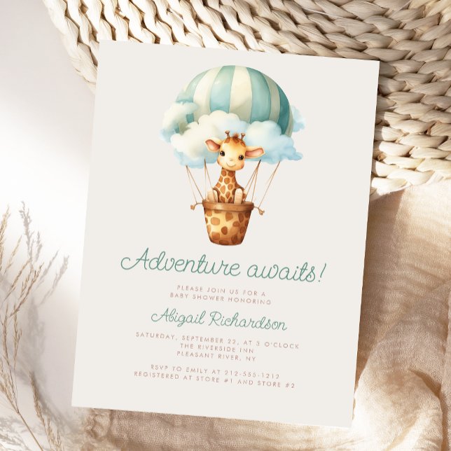Adventure Awaits Giraffe Balloon Baby Shower Postcard (Creator Uploaded)