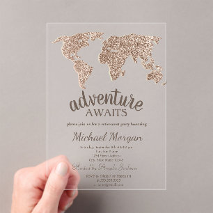 Adventure Awaits Glitter World Map Retirement  Acrylic Invitations