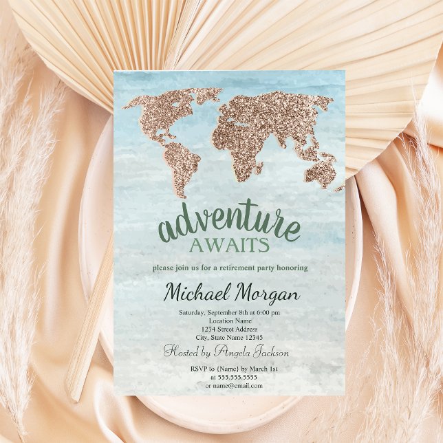 Adventure Awaits Glitter World Map Retirement  Invitation (Creator Uploaded)
