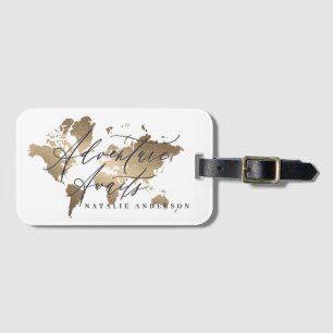 Adventure awaits gold watercolor world map luggage tag