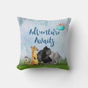 Adventure Awaits - Gorilla Hippo and Meerkat Cushion