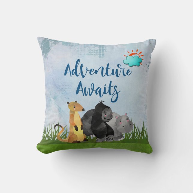 Adventure Awaits - Gorilla Hippo and Meerkat Cushion (Front)