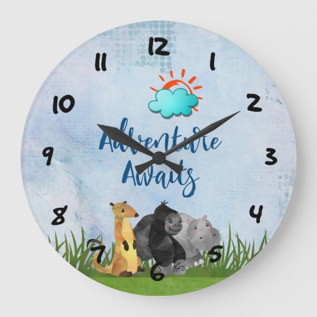 Adventure Awaits - Gorilla Hippo and Meerkat Large Clock (Front)