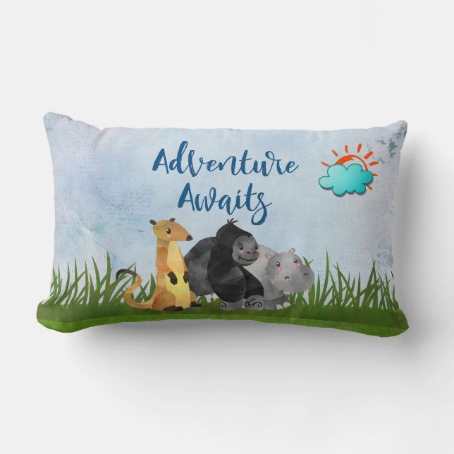 Adventure Awaits - Gorilla Hippo and Meerkat Lumbar Cushion (Front)