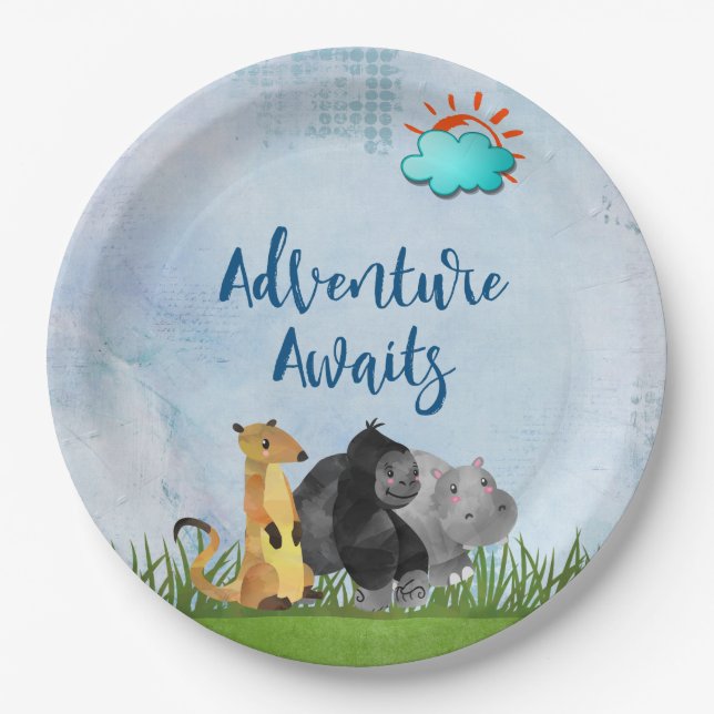 Adventure Awaits - Gorilla Hippo and Meerkat Paper Plate (Front)
