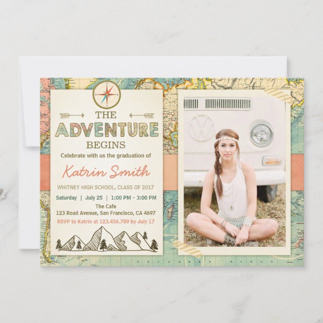 Adventure awaits Graduation invitation Travel Map (Front)