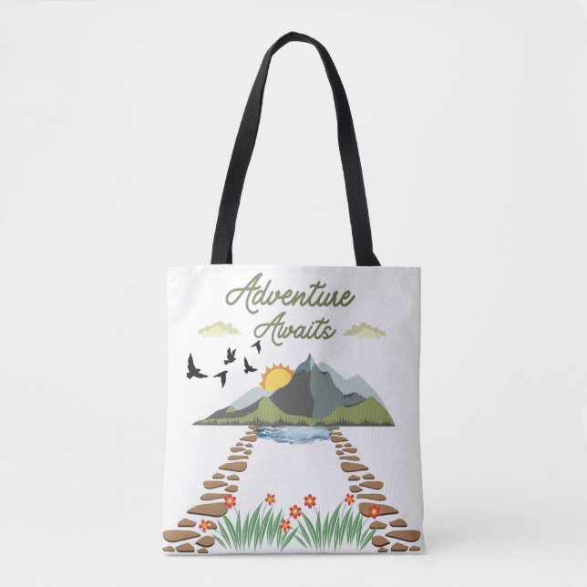 Adventure Awaits Green And Brown Tote Bag (Front)