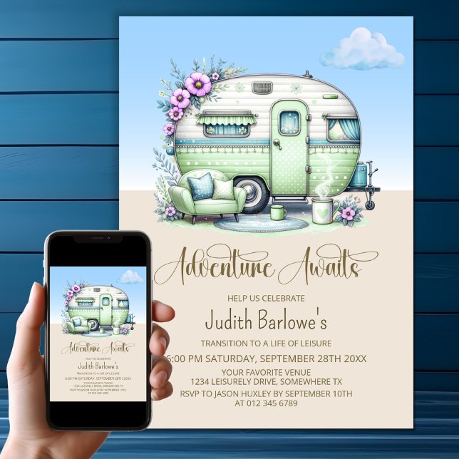 Adventure Awaits Green Caravan Retirement Party Invitation (Creator Uploaded)