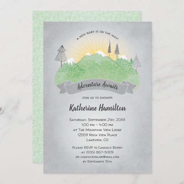 Adventure Awaits Green Mountains Baby Shower Invitation (Front/Back)