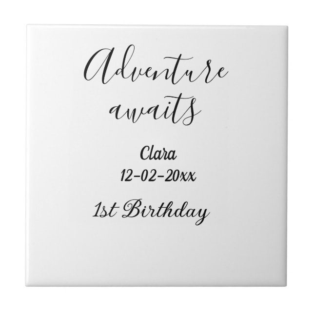 Adventure awaits happy 1st birthday name date simp ceramic tile (Front)