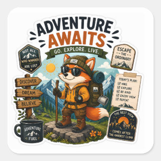 Adventure Awaits – Hiking Fox Explorer Square Sticker