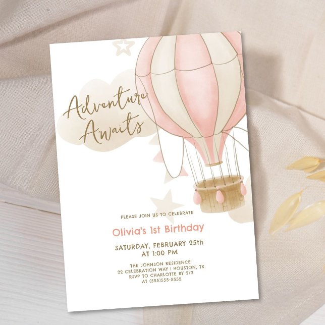 Adventure Awaits Hot Air Balloon 1st Birthday Invitation (Creator Uploaded)