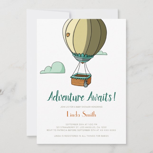 Adventure Awaits Hot Air Balloon Baby Shower Invitation (Front)