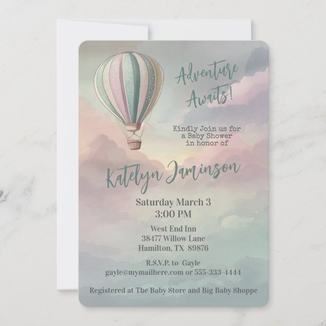 Adventure Awaits Hot Air Balloon Baby Shower Invitation (Front)