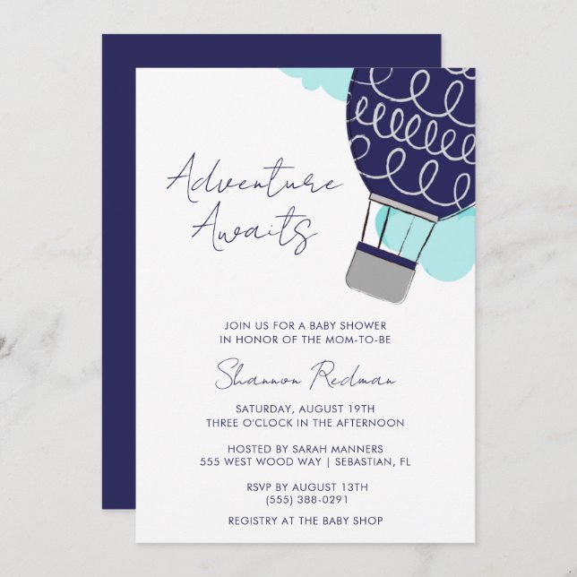 Adventure Awaits Hot Air Balloon Baby Shower Invitation (Front/Back)