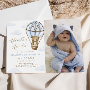 Adventure Awaits! Hot Air Balloon Birthday Photo Invitation