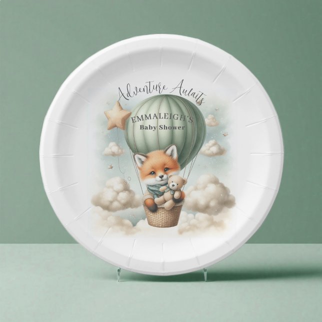 Adventure Awaits Hot Air Balloon Fox Baby Shower Paper Plate (Creator Uploaded)