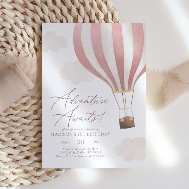 Adventure Awaits Hot Air Balloon Girl 1st Birthday Invitation (Creator Uploaded)