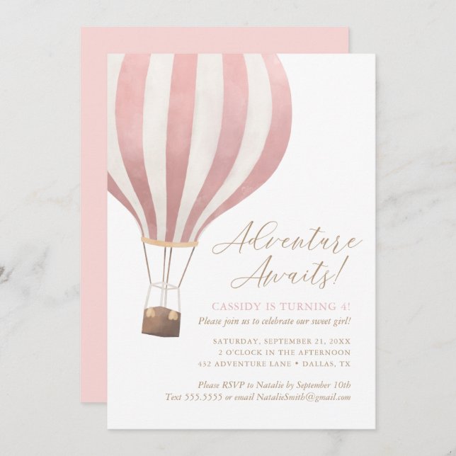 Adventure Awaits Hot Air Balloon Girl Birthday Invitation (Front/Back)