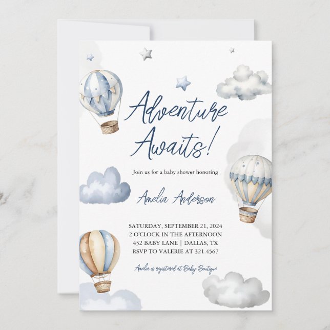 Adventure Awaits Hot Air Blue Balloon Baby Shower Invitation (Front)