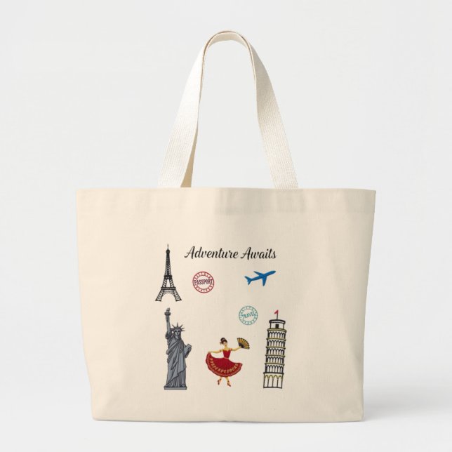 Adventure Awaits  Large Tote Bag (Front)