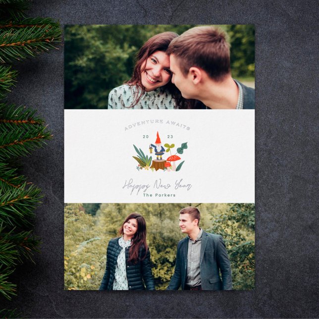 Adventure Awaits Little Gnome Happy New Year Foil Holiday Card (Creator Uploaded)