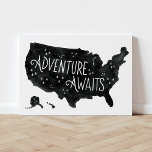 Adventure Awaits Map Woodland Nursery Decor Faux Canvas Print<br><div class="desc">This hand-lettered watercolor "Adventure Awaits" US map is perfect for little explorers and big explorers alike! The map is a great finishing touch for adventure,  outdoors,  or travel themed rooms.</div>