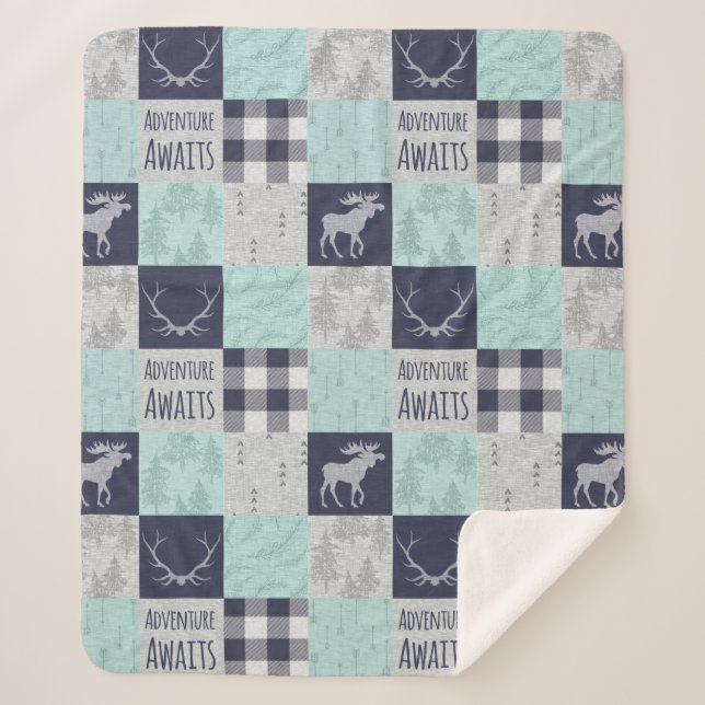 Adventure Awaits Minky/Sherpa Throw - Mint, Navy (Front)