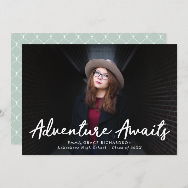 Adventure Awaits Mint Green Photo Graduation Announcement (Front/Back)