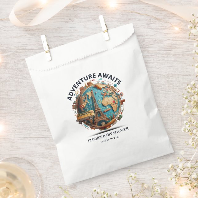 Adventure Awaits Modern Globe Baby Shower Favour Bag (Clipped)