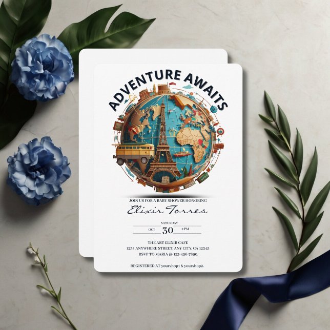 Adventure Awaits Modern Globe Baby Shower Invitation (Creator Uploaded)