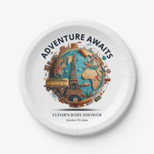 Adventure Awaits Modern Globe Baby Shower Paper Plate