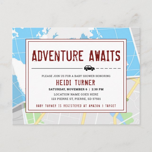 Adventure Awaits  |   Modern Map Invitation Postcard (Front)
