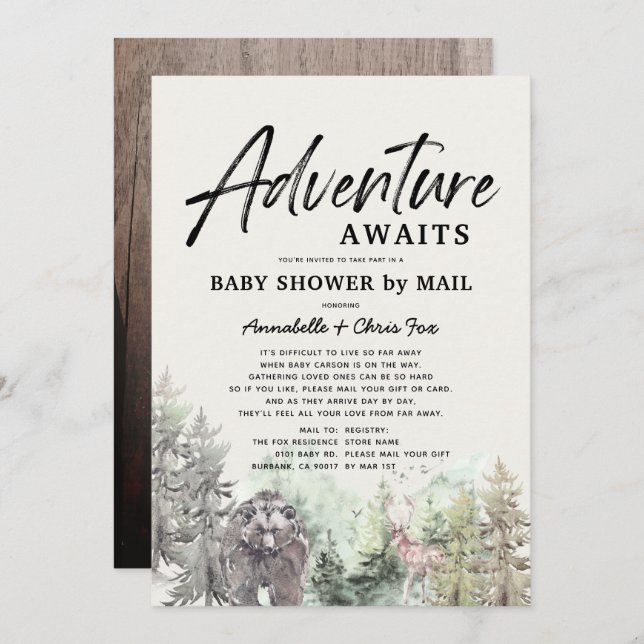 Adventure Awaits Mountain Bear Baby Shower by Mail Invitation (Front/Back)